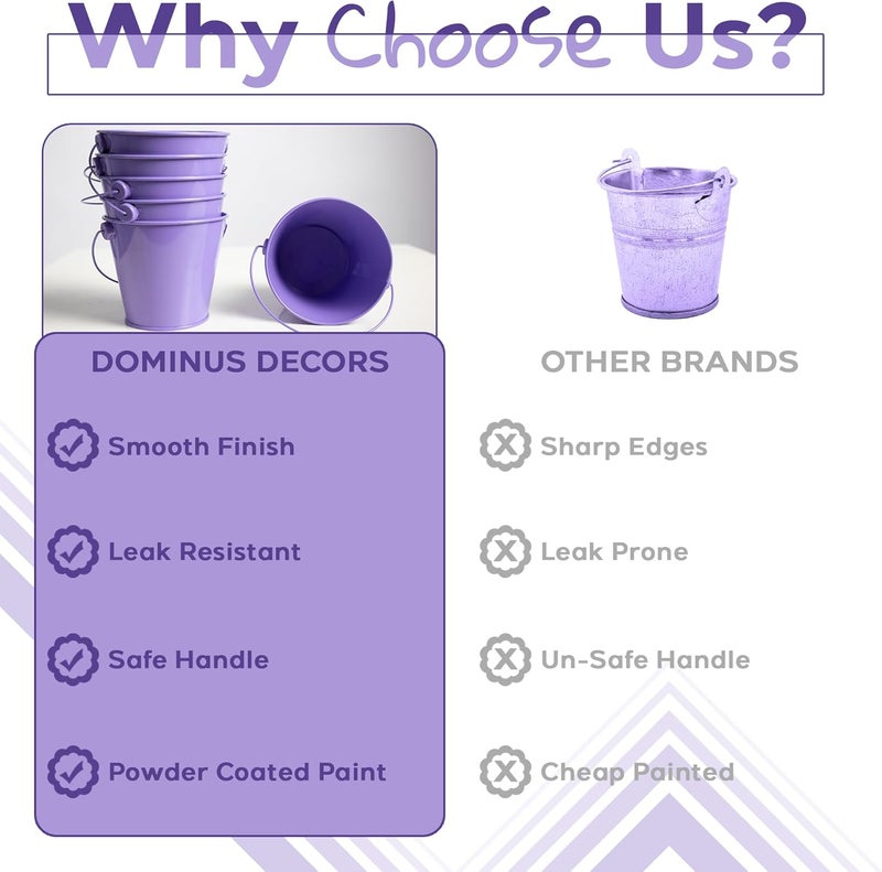 Dominus Decors Small Metal Buckets with Handles - Rust Resistant Leak-Proof Mini Tin Buckets for Classroom, Party Favors, Organization, Weddings, Gardening - Set of 6, Purple - Image 3